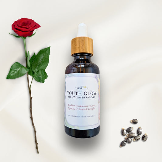 My Skinfood Youth Glow Pro-Collagen Face Oil with castor rosehip and frankincense and seeds on a light background
