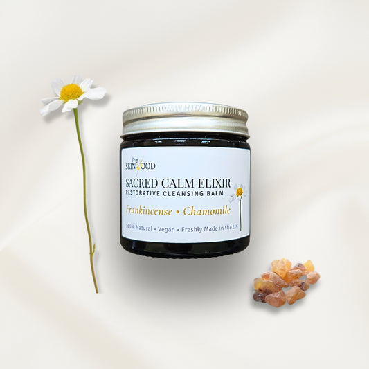 Jar of My Skinfood 'Sacred Calm Elixir' cleansing balm with a Chamomile and frankincense resin on a light background