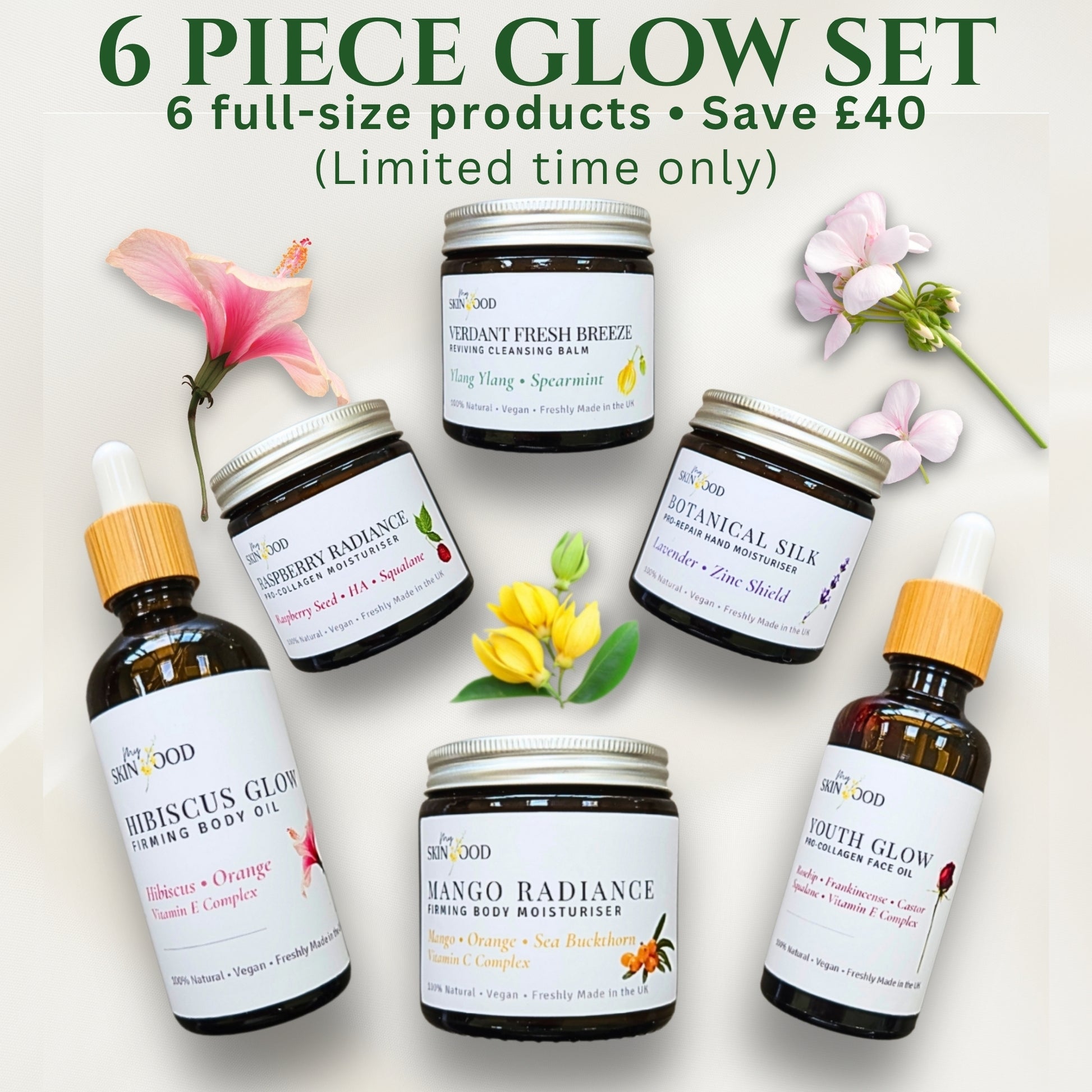 Set of six My Skinfood skincare products with labels and flowers on a light background