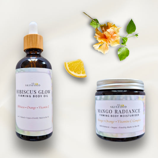 My Skinfood firming body moisturiser and oil duo with Hibiscus and orange 