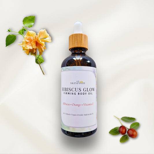 Bottle of My Skinfood 'Hibiscus Glow' firming body oil with a dropper on a light background.