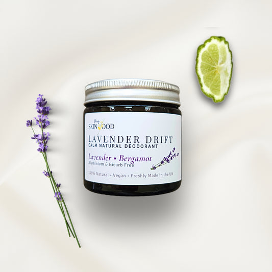 My Skinfood Lavender Drift natural aluminium free deodorant jar with lavender, bergamot, and lime on a light background