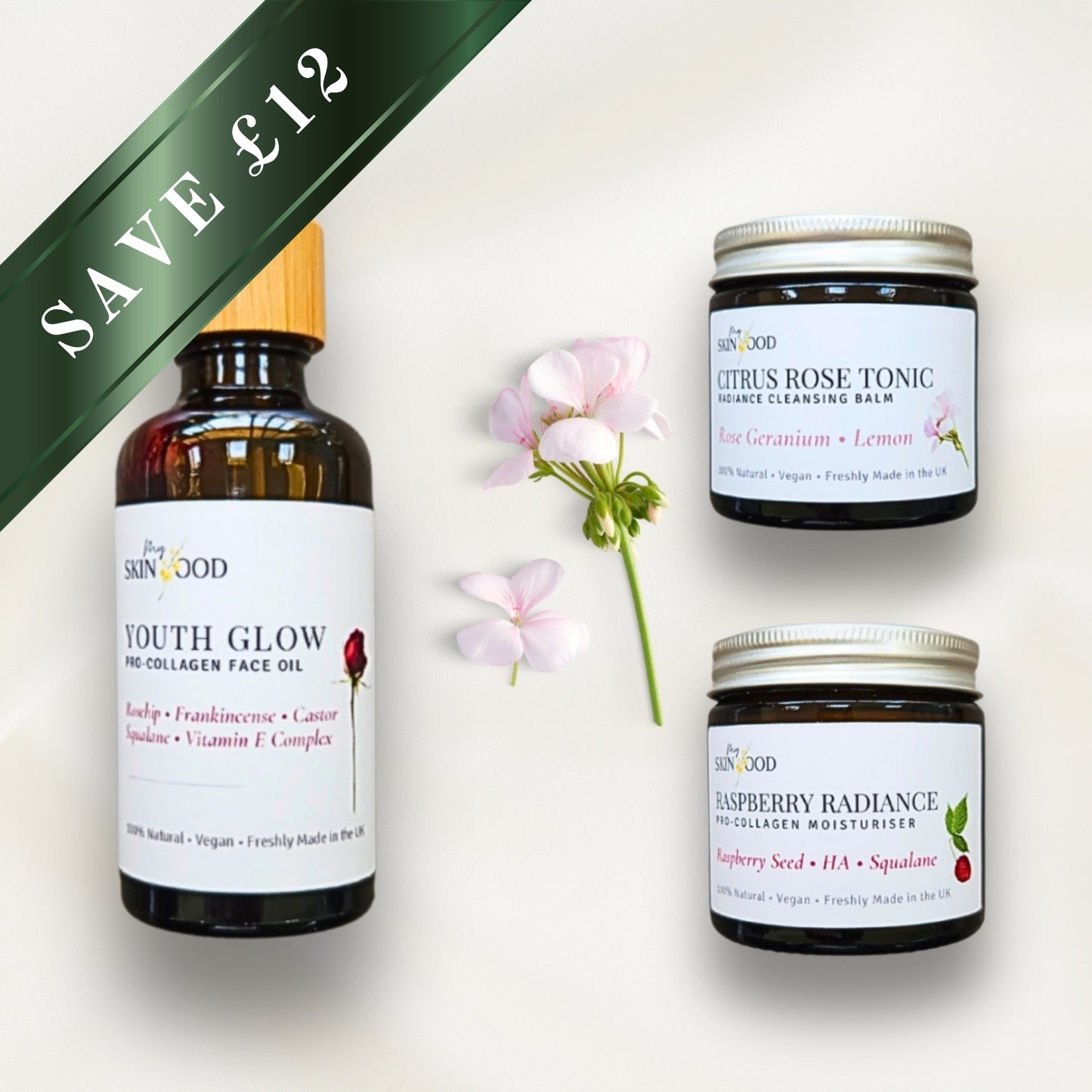 Three My Skinfood skincare products with labels on a white background, featuring flowers.