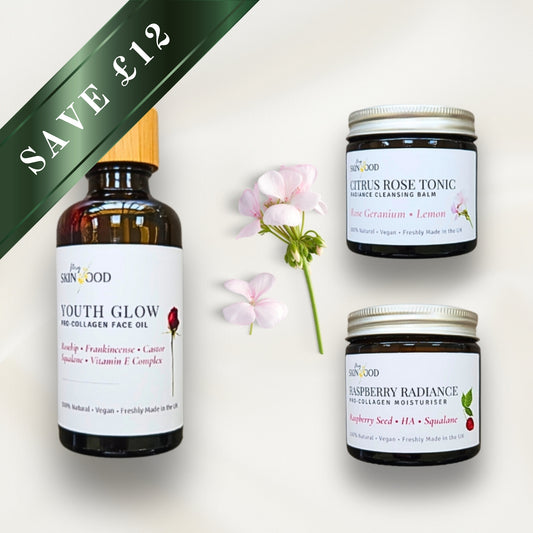 Three My Skinfood skincare products with labels on a white background, featuring flowers.