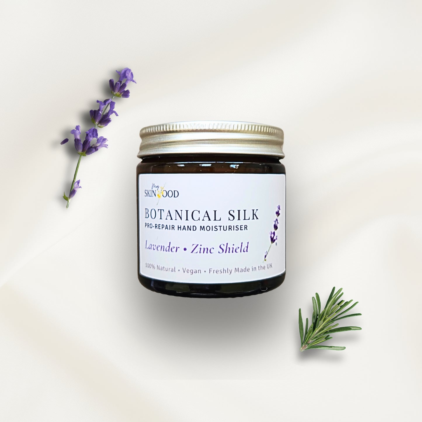 Jar of My Skinfood Botanical Silk hand moisturizer with lavender and rosemary eucalyptus on a light background