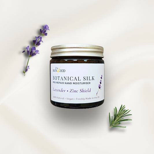 Jar of My Skinfood Botanical Silk hand moisturizer with lavender and rosemary eucalyptus on a light background