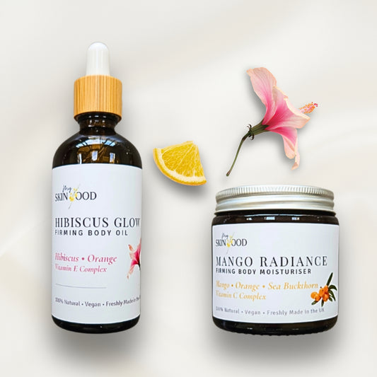 Two My Skinfood skincare products, a bottle and a jar, with a lemon wedge and pink flower on a white background.